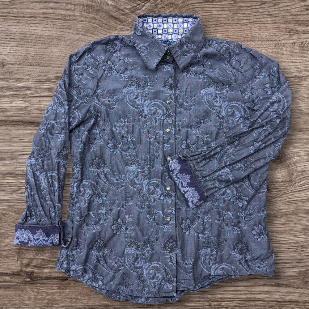 Robert Graham Womens XL Navy Blue Paisley Jacquard Cotton Button Down Shirt